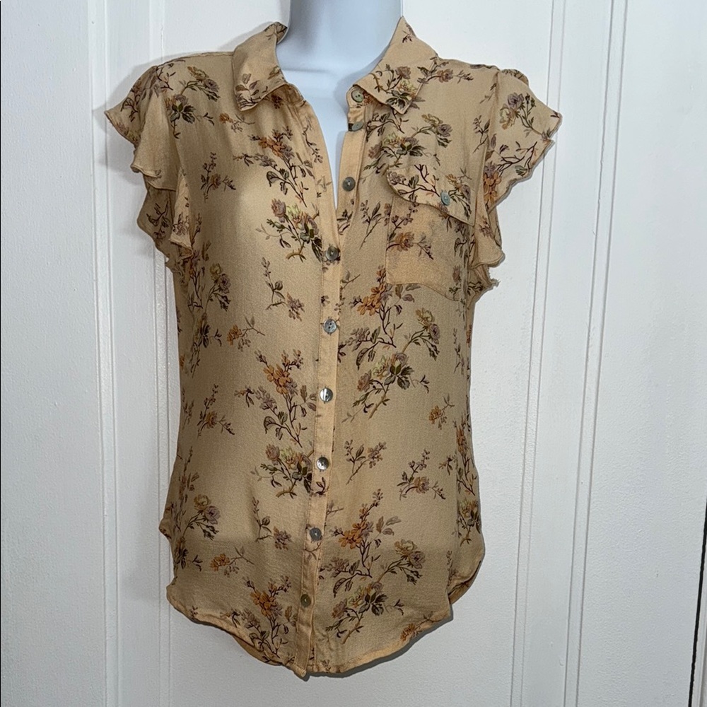 Chaser Floral Button-Up Ruffle Sleeve Top size small